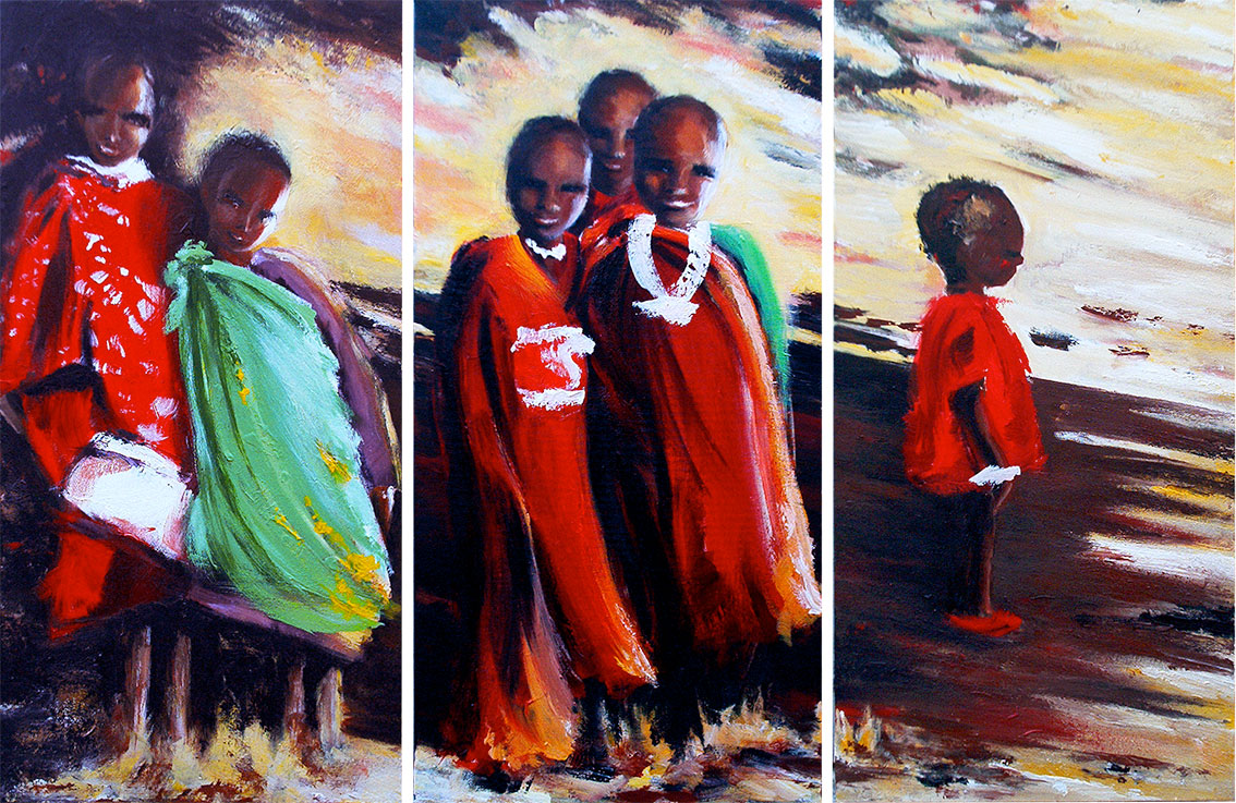 Peinture-Afrique-Triptyque-enfants-Massaïs - Dominique Evangelisti