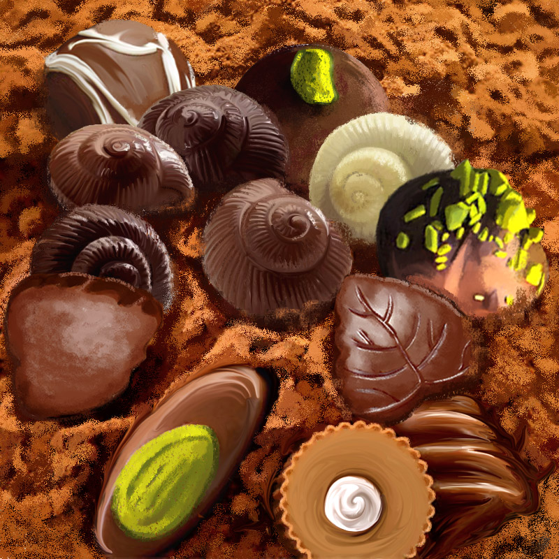 Illustrations culinaires - Assortiment - chocolats - fond de cacao en poudre -Dominique Evangelisti