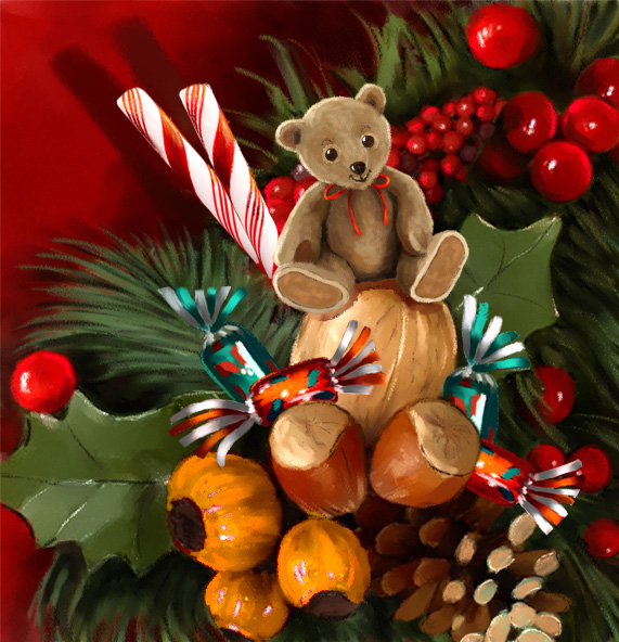 Illustrations culinaires - petite composition de Noël - fruits secs - sucres d'orge - houx - noisettes - petit nounours de décoration - Dominique Evangelisti