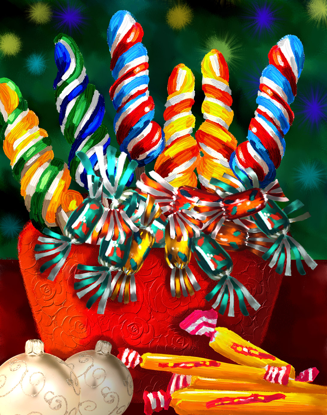 Illustrations culinaires - Assortiment - sucettes tortillon - papillotes - couleurs multiples - pot rouge - Dominique Evangelisti