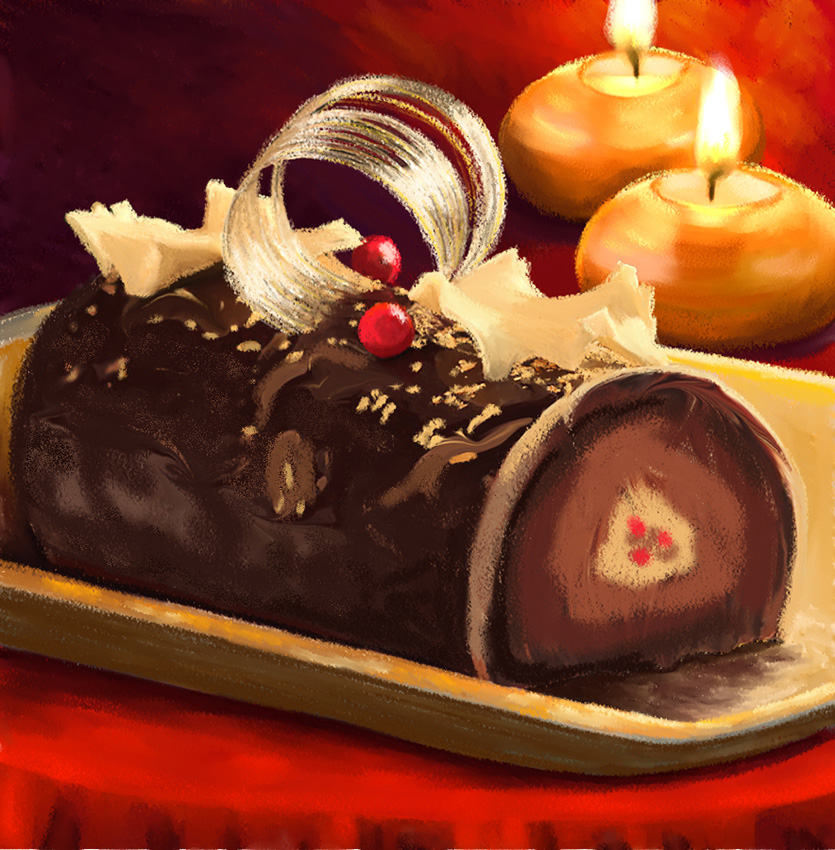 Illustrations culinaires - bûche - Noël - chocolat - sucre - table rouge - deux petites bougies oranges- Dominique Evangelisti