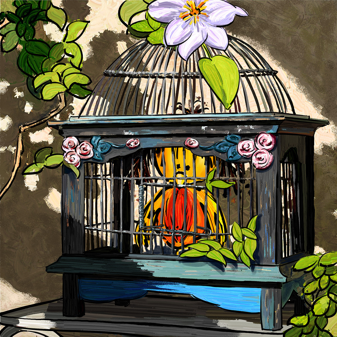 Objets en illustrations-Oiseau-en-cage - tiré de l'album Zoé "z'en ai marre, ze voudrais z'être un oiseau" aux éditions Médiaspaul - Dominique Evangelisti