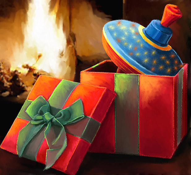 Calendrier de l'Avent - une-toupie-dans-une Boite de cadeau rouge ouverte posée devant une cheminée