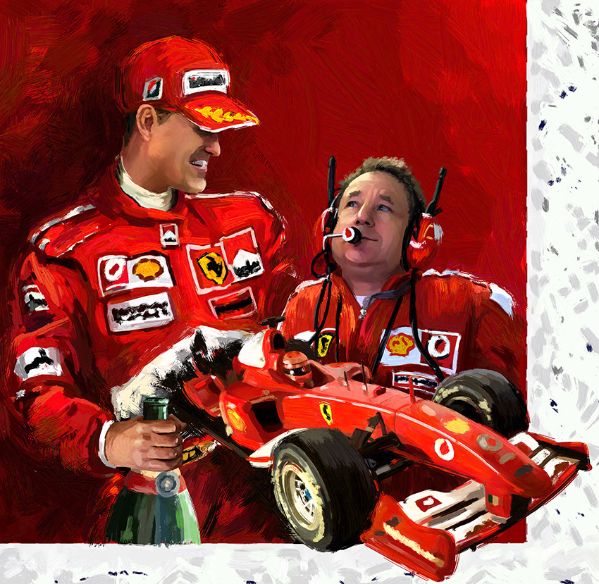 Illustrations-personnages-Peinture Michael Schumacher et Jean Todt chez Ferrari