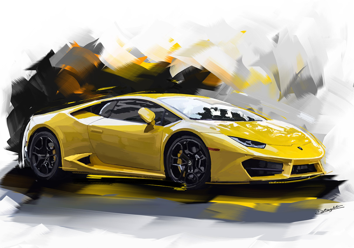 Lamborghini jaune sur fond abstrait noir, jaune et blanc